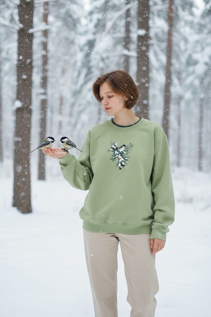 Vintage Country Store Women's L Green Chickadees on Pine Snowy Sweatshirt